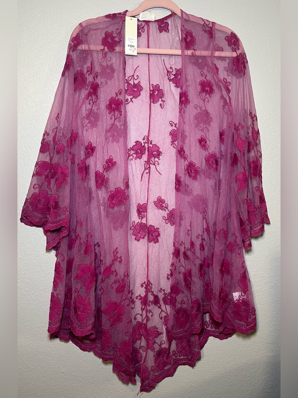 Dee Elly Floral Mesh Lace Open-Front Kimono / Cover-Up NWT Magenta Size Large
